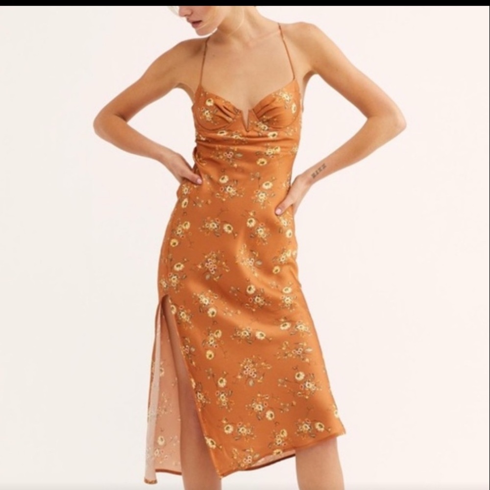 Nwt Free People Floral Midi Dress in Orange and Yellow Small